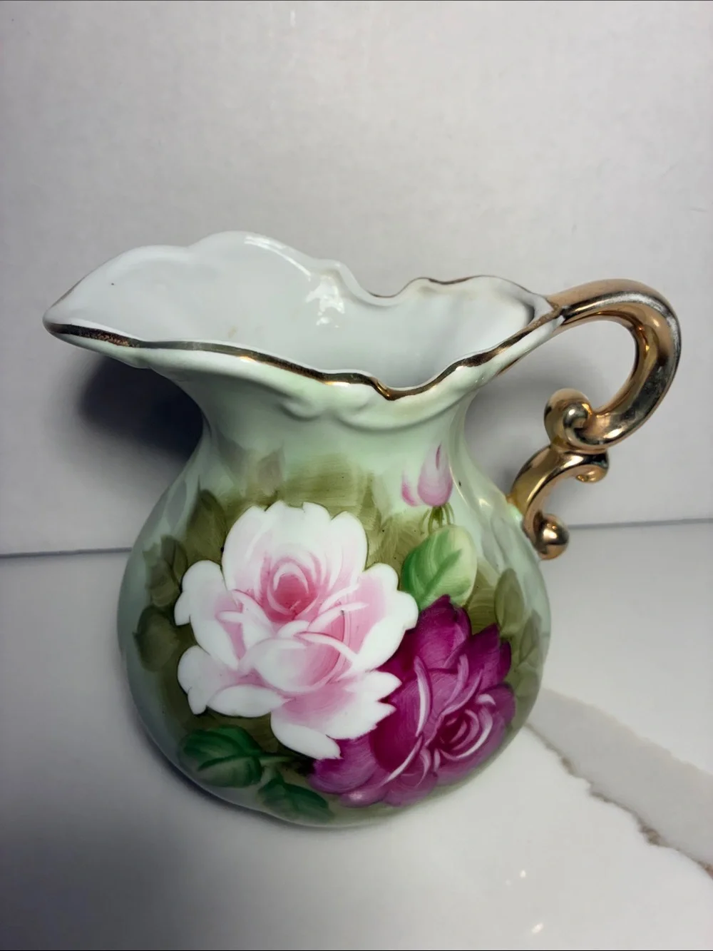 Bavarian Hand-Painted Floral Porcelain Tray & pitcher - Pink Cabbage Roses